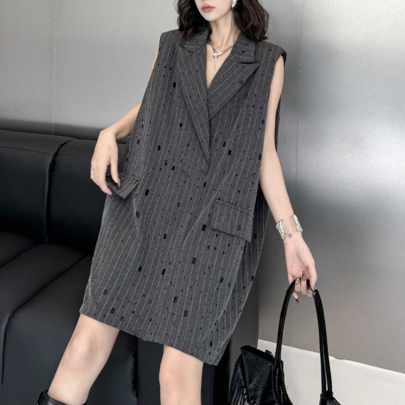 Ripped Loose Striped Suit Collar Vest Dress