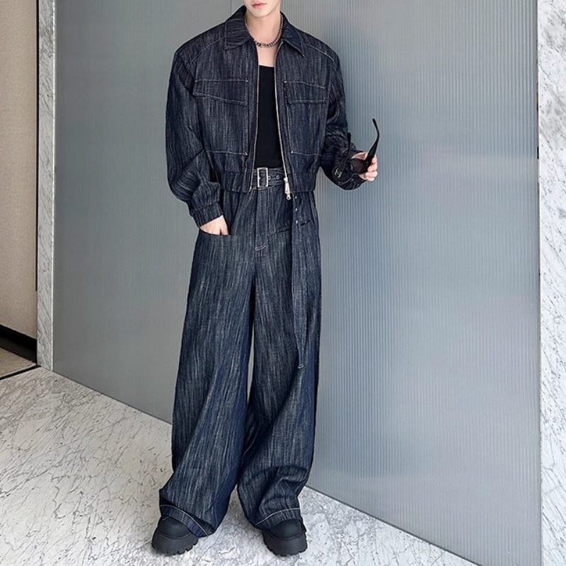 Vintage Heavy-wash Denim Jacket Distressed Wide-leg Pants Two-piece Set