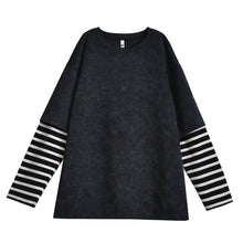 Load image into Gallery viewer, Washed Distressed Striped Patchwork Fake Two-piece T-shirt
