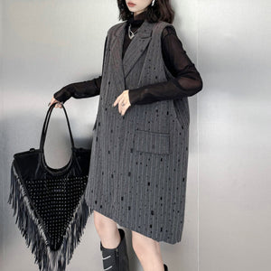Ripped Loose Striped Suit Collar Vest Dress