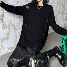 Load image into Gallery viewer, Round Neck Dark Ripped Sweater
