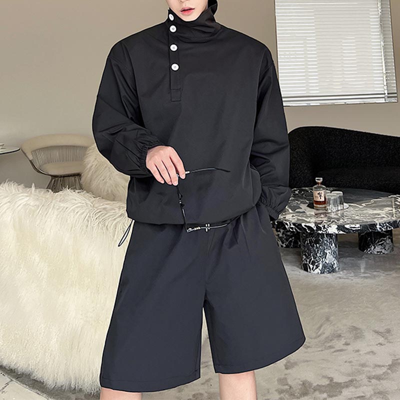 Stand Collar Side Button Tops Shorts Casual Suits