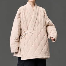 Load image into Gallery viewer, Padded Quilted Wave Cross Collar Wrap Side Tie Loose Hanfu Cardigan
