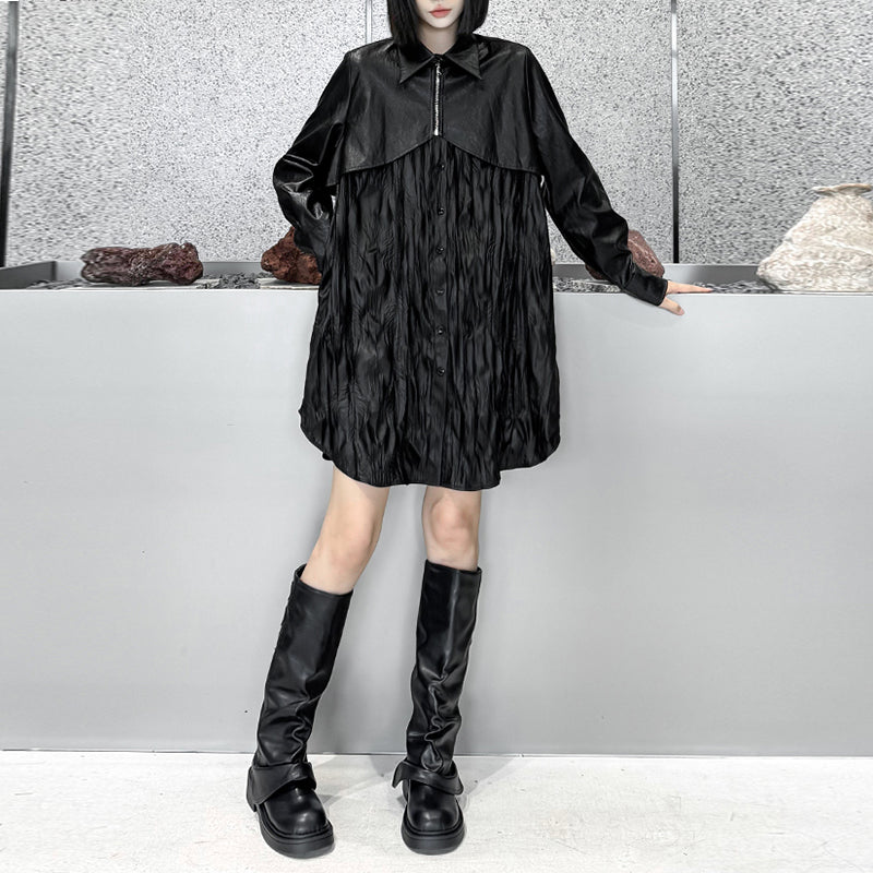 Pleated PU Leather Long Sleeve Shirt Dress