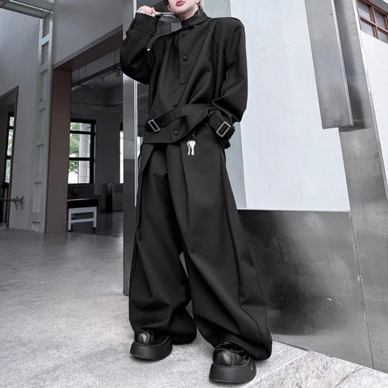 Deconstructed Button Belt-embellished Jacket Wide-leg Trousers Two-piece Suit