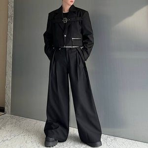 Deconstructed Lace-Up Cropped Blazer Contrast Leather Drawstring Casual Wide-Leg Pants Two-Piece Set