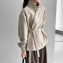 Load image into Gallery viewer, Striped Stand Collar Tie-Waist Long Sleeve Shirt
