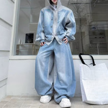 Load image into Gallery viewer, American Color-blocked Denim Jacket and Washed Wide-leg Trousers Two-piece Set
