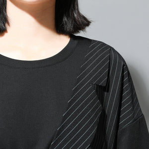 Fake Two-piece Straight Lace-up Striped Patchwork T-shirt