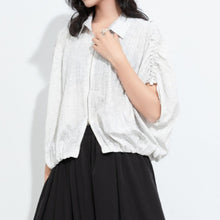 Load image into Gallery viewer, Women Pleated Textured Zip-up Collar Shirt
