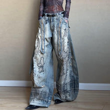 Load image into Gallery viewer, Stitch Embroidery Dyed Denim Loose Wide Leg Scimitar Pants
