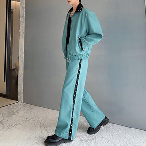 Contrast Color Patchwork Rivet Short Jacket Wide-leg Trousers Two-piece Set