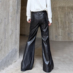 Zippered Shiny Striped Flared PU Leather Trousers