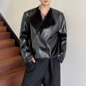 Faux Fur Collarless Leather Jacket