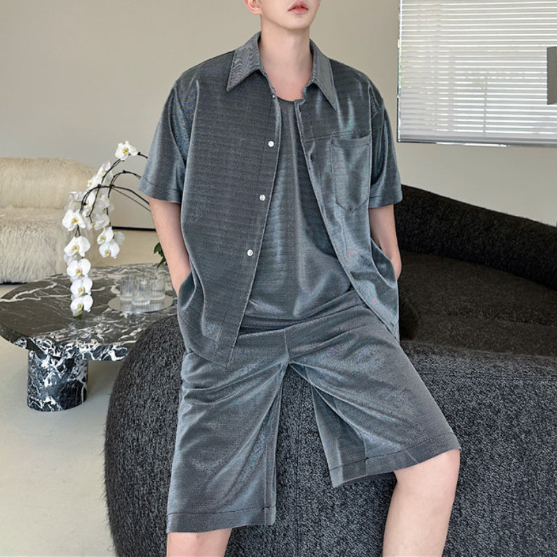 Summer Bright Silk Shirt Vest Shorts Three-piece Suit