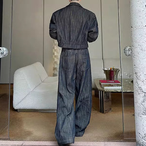 Vintage Heavy-wash Denim Jacket Distressed Wide-leg Pants Two-piece Set