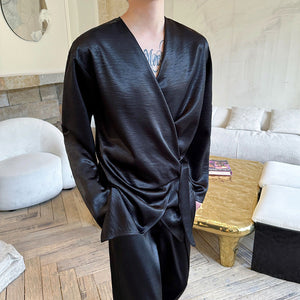Silky Shiny Satin Tie Long-sleeved Shirt Casual Trousers Two-piece Suit