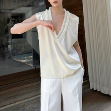 Load image into Gallery viewer, Pearl Flower Large V-Neck Sleeveless Satin Vest
