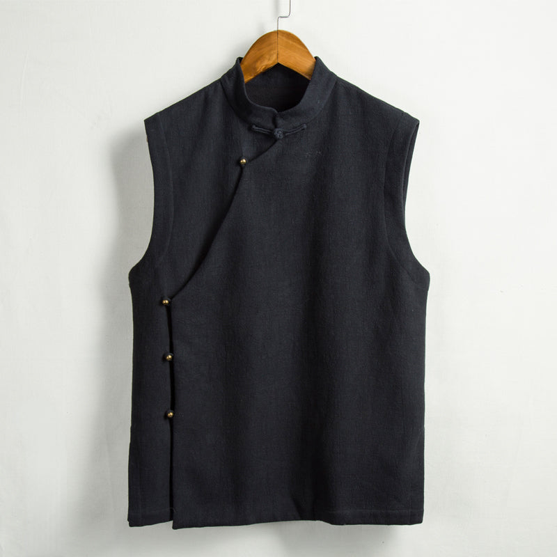 Sleeveless Waistcoat with Slant Placket and Disc Buttons