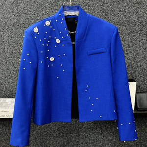 Heavy Beaded Diamond Collarless Blazer
