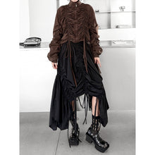 Load image into Gallery viewer, Women's Drawstring Ruched Stand Collar Top Irregular Fringe Skirt Two-piece Set
