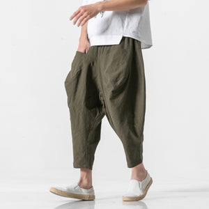 Cotton and Linen Cuffed Wide Leg Harem Pants