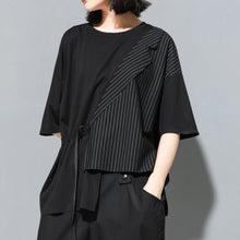 Load image into Gallery viewer, Fake Two-piece Straight Lace-up Striped Patchwork T-shirt
