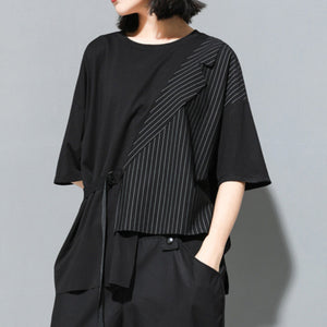 Fake Two-piece Straight Lace-up Striped Patchwork T-shirt