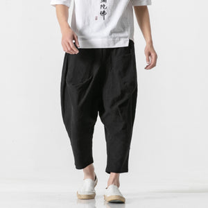 Cotton and Linen Cuffed Wide Leg Harem Pants