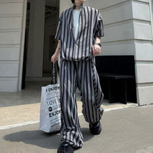 Load image into Gallery viewer, Striped Faux Two-Piece Shirt Wide-Leg Pants Two-piece Set
