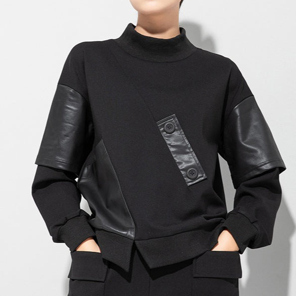 PU Leather Fake Two-piece Stand-up Collar Shirt