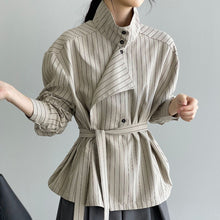 Load image into Gallery viewer, Striped Stand Collar Tie-Waist Long Sleeve Shirt
