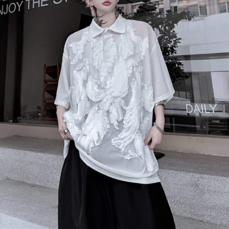 Mesh Embroidery Paneled Lapel Shirt