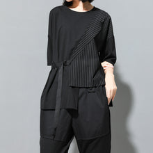 Load image into Gallery viewer, Fake Two-piece Straight Lace-up Striped Patchwork T-shirt
