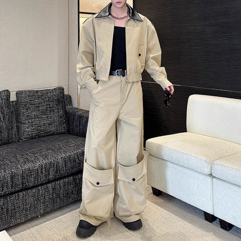 American Double-layered Collar Patchwork Jacket and Wide-leg Trousers Two-piece Set