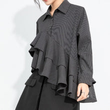 Load image into Gallery viewer, Women's Asymmetrical Double Layer Ruffle Hem Striped Shirt
