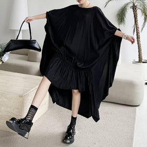 Pleated Batwing Sleeve Irregular Dress
