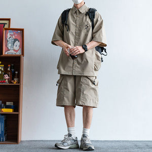 Japanese Functional Large Pocket Shirt Casual Loose Overalls Two-piece Set