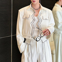 Load image into Gallery viewer, Retro Wave Topstitch Embroidery Short Jacket Straight Wide-Leg Pants Two-Piece Set
