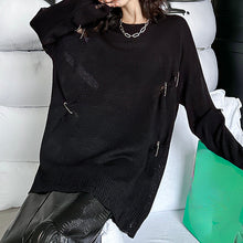 Load image into Gallery viewer, Round Neck Dark Ripped Sweater
