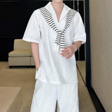 Load image into Gallery viewer, Striped Short-Sleeve Shirt with Shawl Detail
