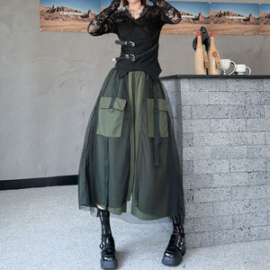 Mesh Stitching Large Pocket Workwear Wide-leg Pants