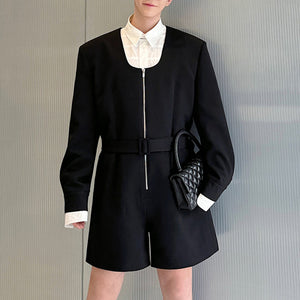 Low-neck Zippered One-piece Jacket and Shorts Set