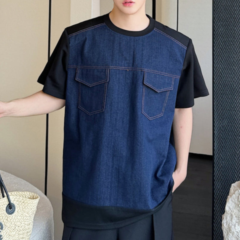 Vintage Denim Patchwork Short-sleeved T-shirt