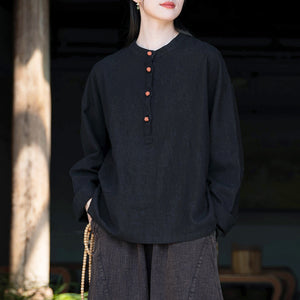 Linen Stand Collar Colorblock Buttoned Pullover Shirt
