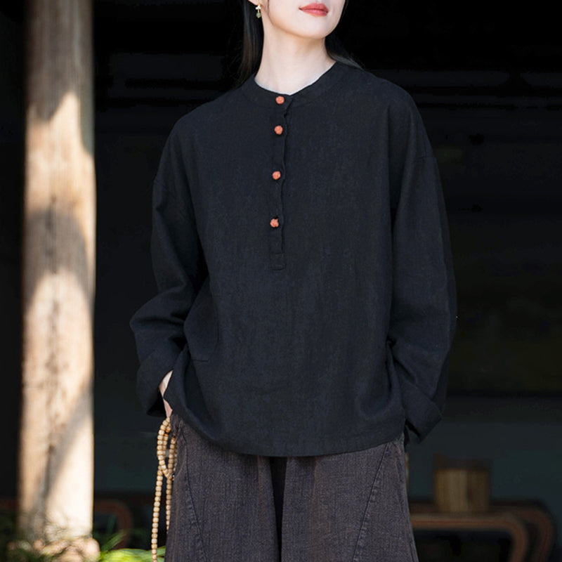 Linen Stand Collar Colorblock Buttoned Pullover Shirt
