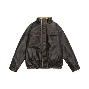 Stand Collar Lamb Wool PU Leather Jacket