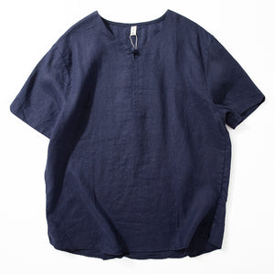 Button Loose Casual Round Neck T-shirt