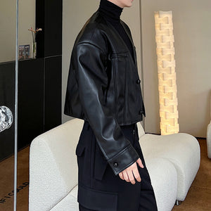 Short Black V-Neck Casual Leather Jacket