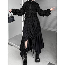 Load image into Gallery viewer, Women's Drawstring Ruched Stand Collar Top Irregular Fringe Skirt Two-piece Set
